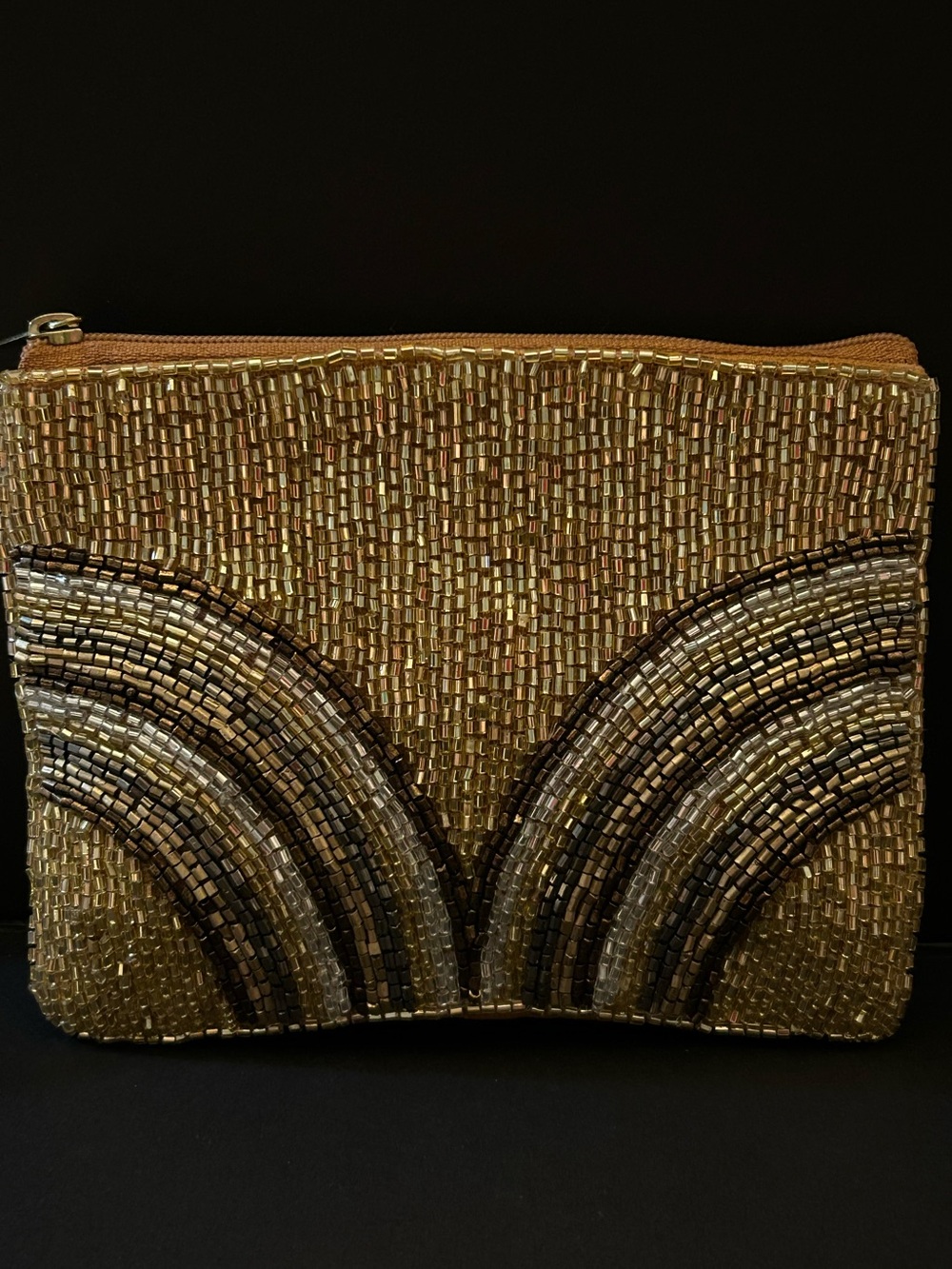 Golden & Sophisticated Hand Beaded Evening Clutch with Arched Accent